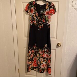 Forever 21 Black Midi Dress with Red, Pink & Green Floral Pattern